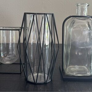 Black Metal and Glass Vase Set